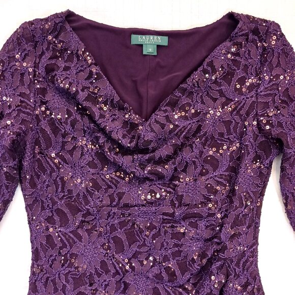 Ralph Lauren Purple Lace Evening Dress with Sequins Size 12 - Picture 3 of 9